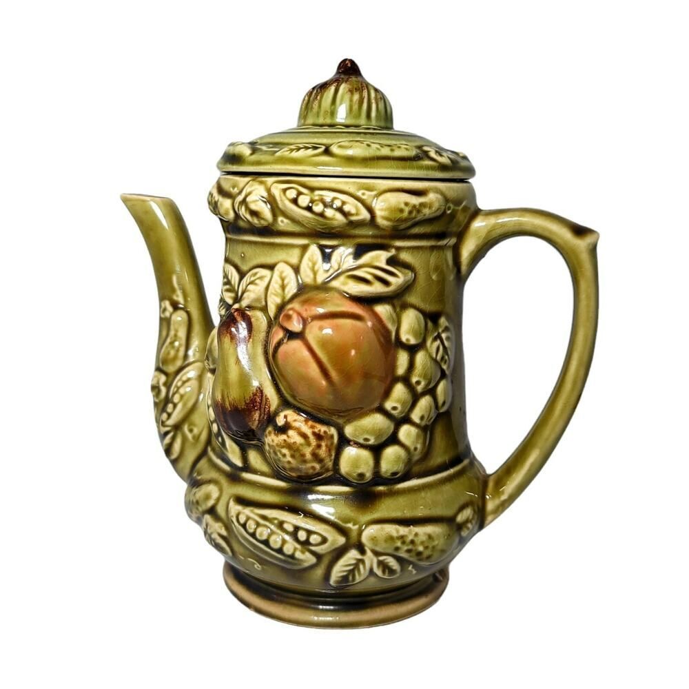 Vintage Ceramic Olive Green Teapot Fruit Veggies Decor Made in‎ Japan